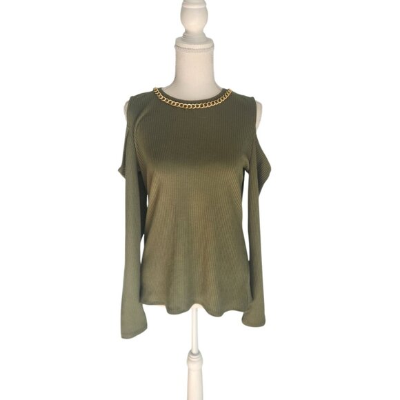 INC International Concepts Cold Shoulder Ribbed Knit Sweater Green Large NEW NWT - Picture 1 of 15